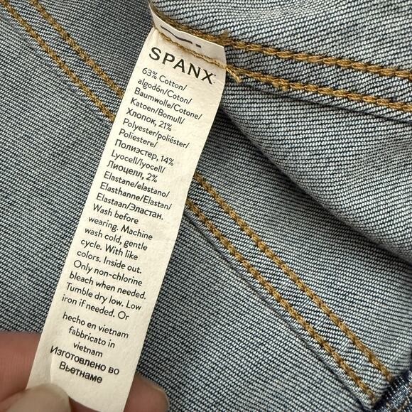 Spanx Denim Shirt Jacket Women 3X Plus Jean Tie Waist Chore Workwear Stretch - Picture 11 of 12